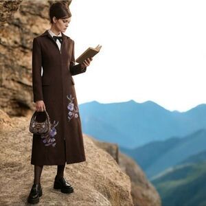 Miu Miu mocha brown authentic longline zipup floral embroidered wool coat eu36